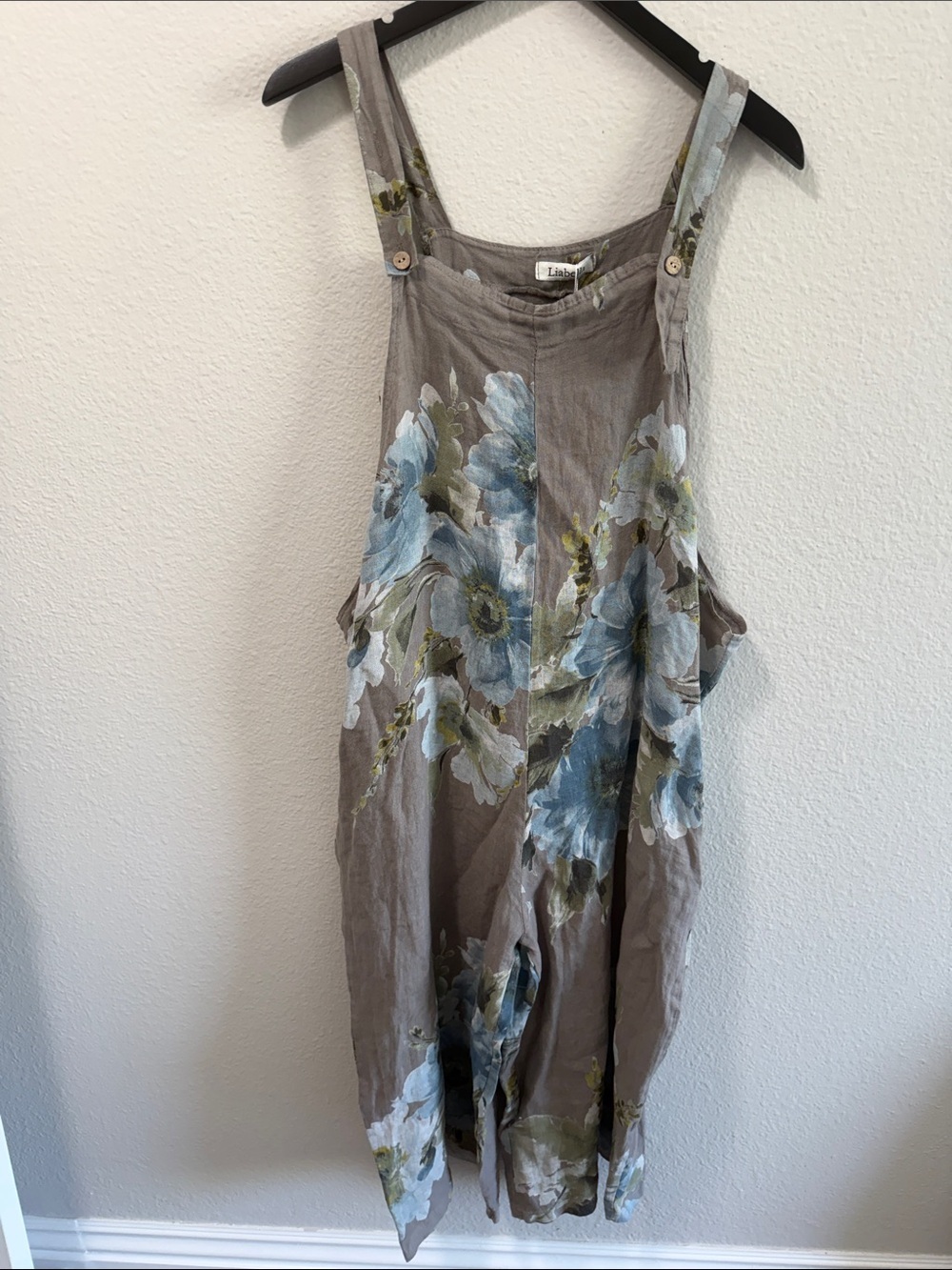 Italian Linen Floral Wide Leg Overalls Adjustable Strap Blue Taupe NWT OS